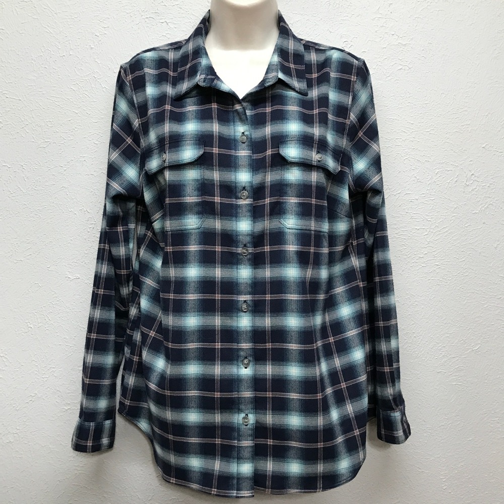 Eddie Bauer Plaid Button Up Shirt Womens Large Navy Blue Stretch Casual Flannel